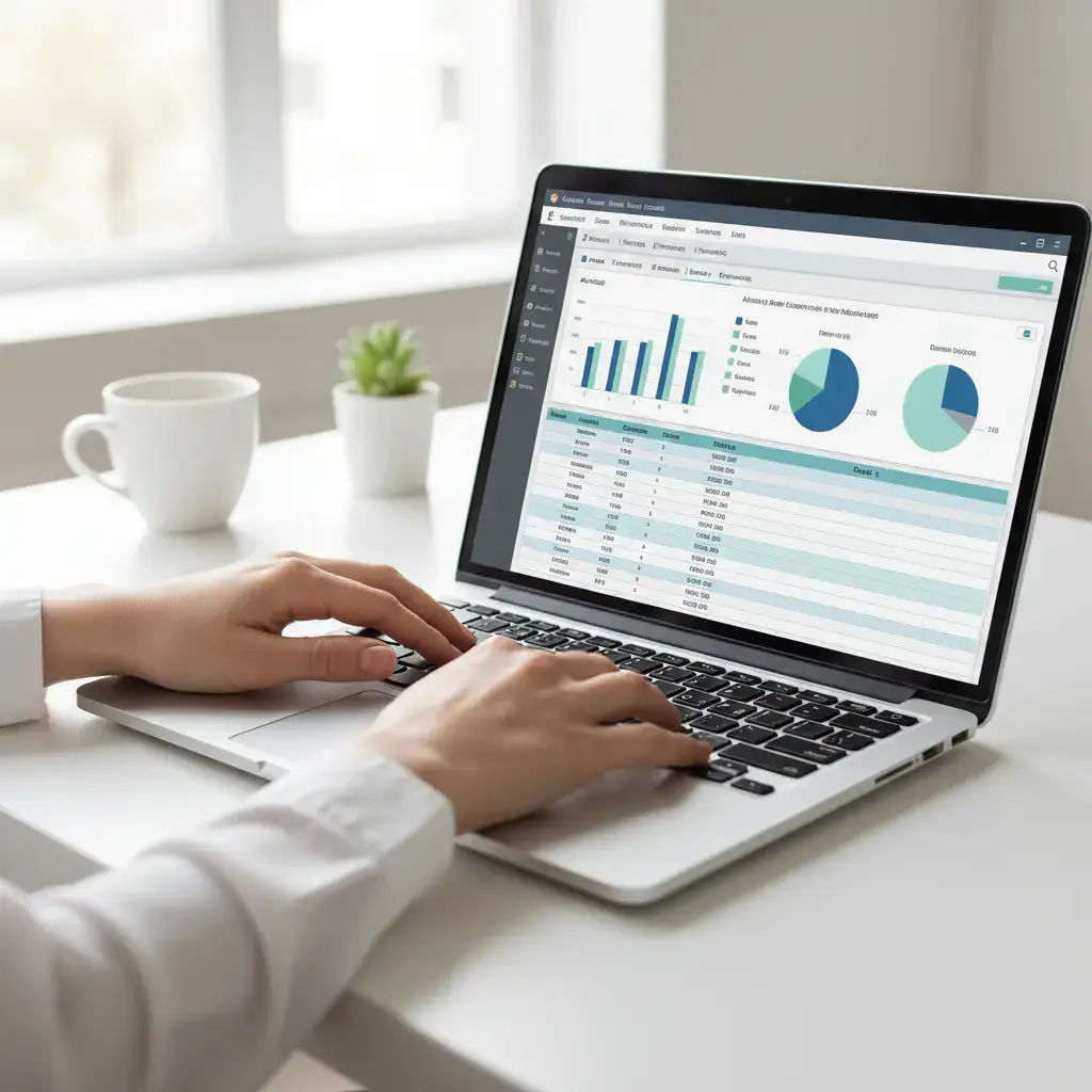 Hands typing on a laptop with accounting software