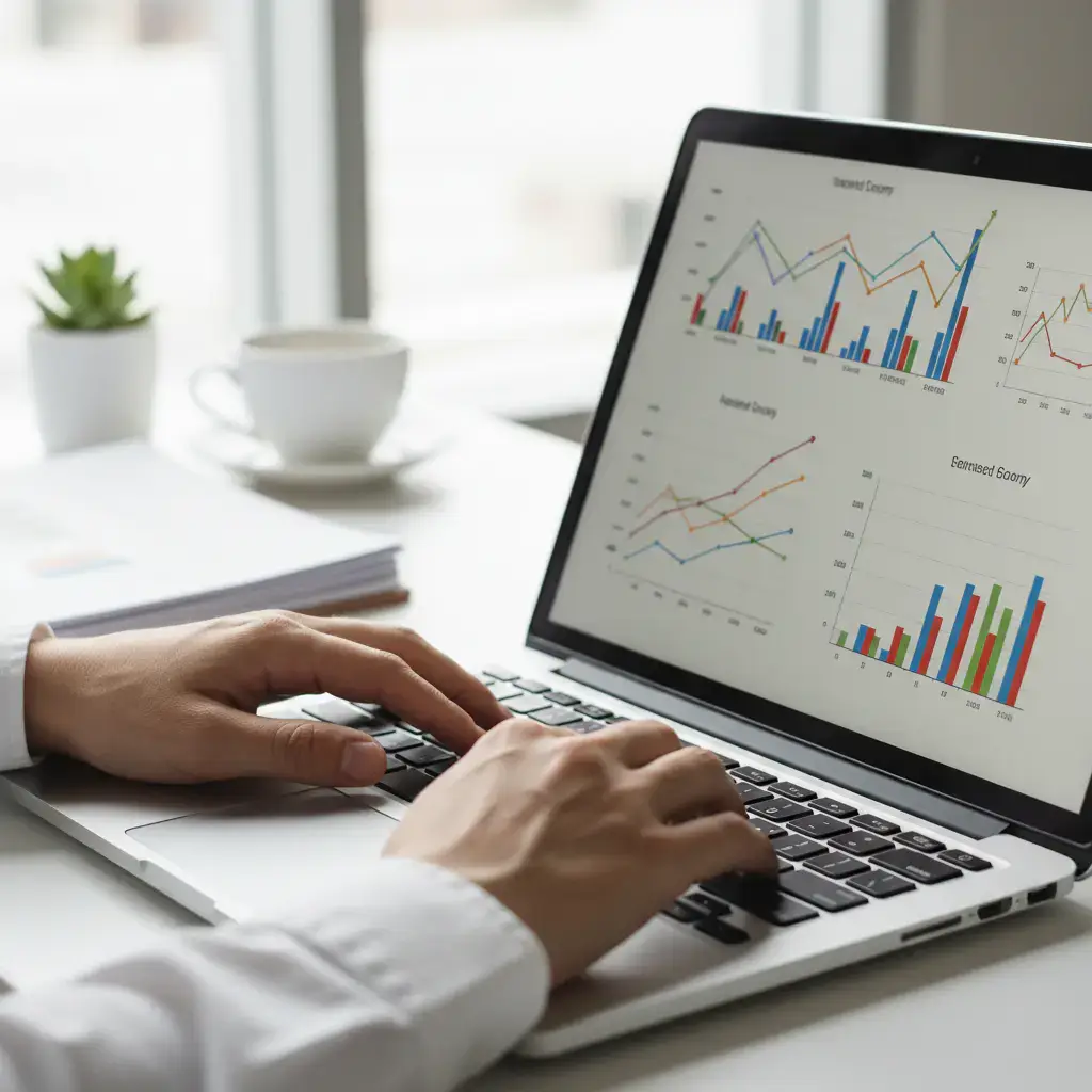 Hands typing on laptop with charts