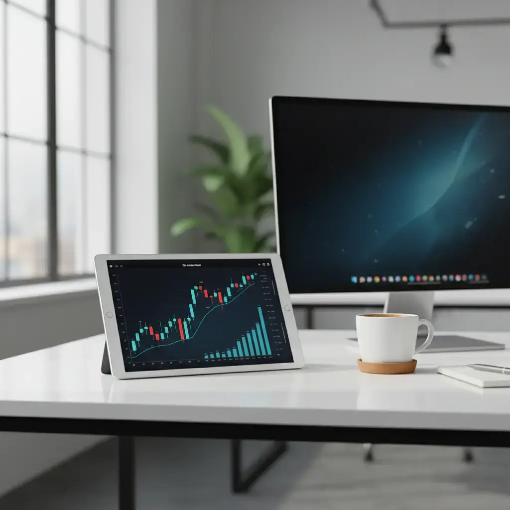 Modern office desk with financial graphs